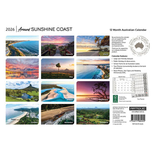 2026 Australian calendar featuring scenic views of the Sunshine Coast with a white background.