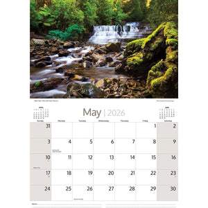 Calendar 2026 Tasmania page for May 2026 with a scenic waterfall and forest background