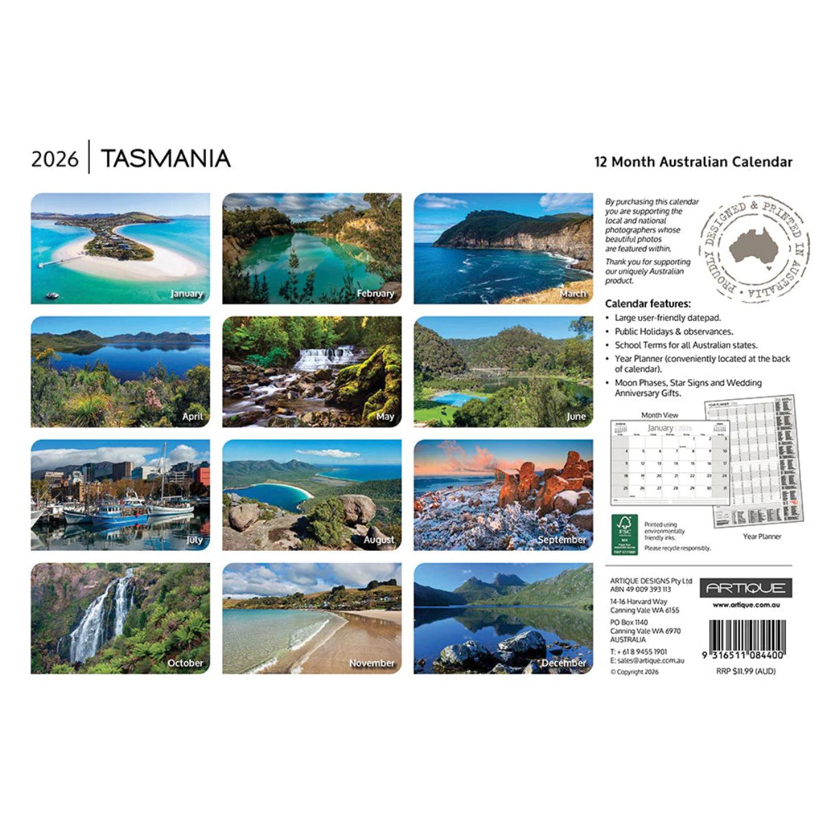 2026 Calendar Tasmania cover with a scenic view of Tasmania featuring mountains and a lake.