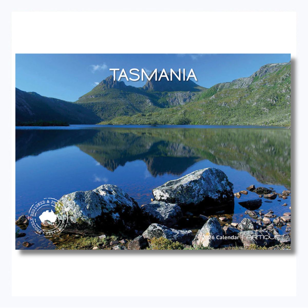 2026 Calendar Tasmania cover with a scenic view of Tasmania featuring mountains and a lake.