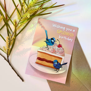 Australian Birthday card with fairy wren birds and cake illustration on a white background