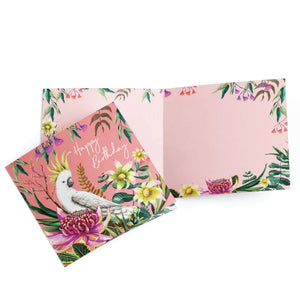 Happy Birthday Greeting Card Cockatoo and Australian Flowers