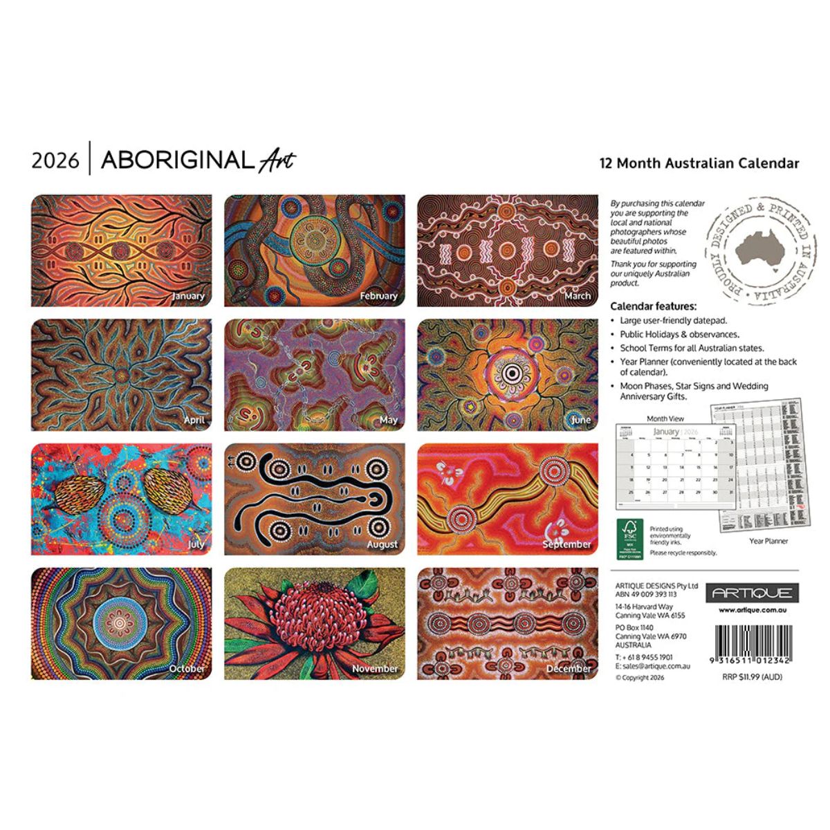 2026 Aboriginal Art calendar with colorful designs on a white background