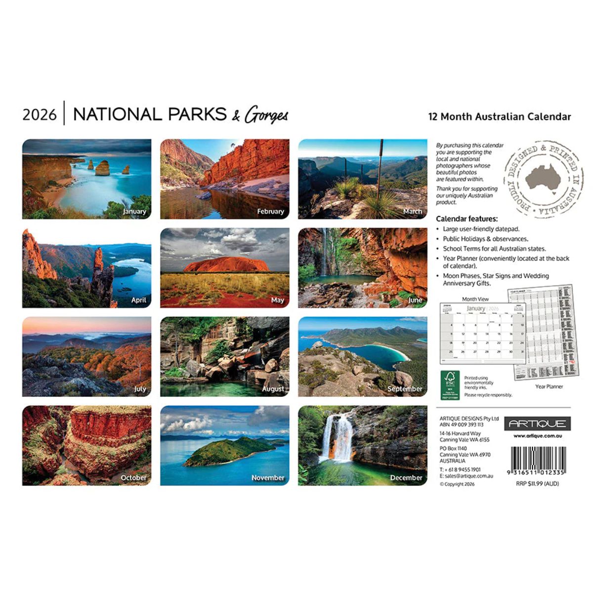 2026 National Parks & Gorges calendar with scenic Australian landscapes