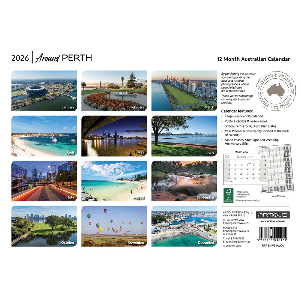 2026 'Around Perth' calendar with scenic images of Perth, Australia.