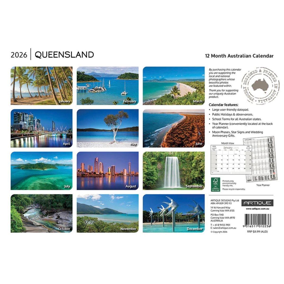 2026 Queensland calendar with scenic landscape images of brisbane cairns and more