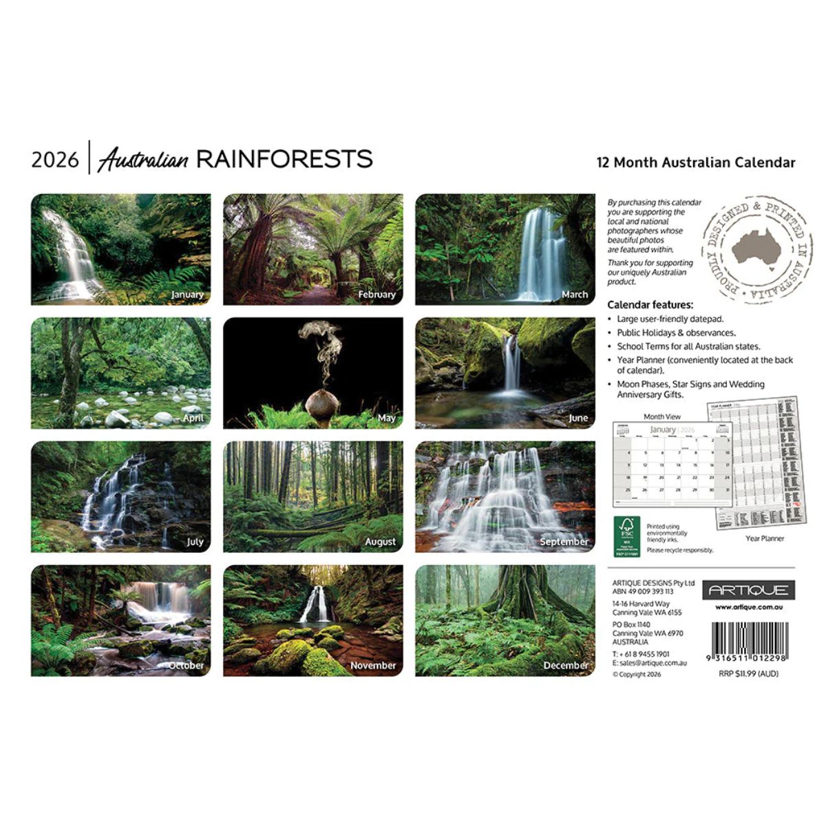 2026 Australian Rainforests calendar with scenic images of waterfalls and forests.