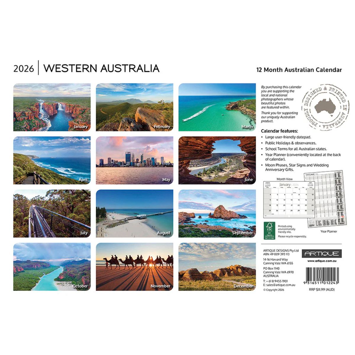 2026 Western Australia calendar with scenic images on a white background