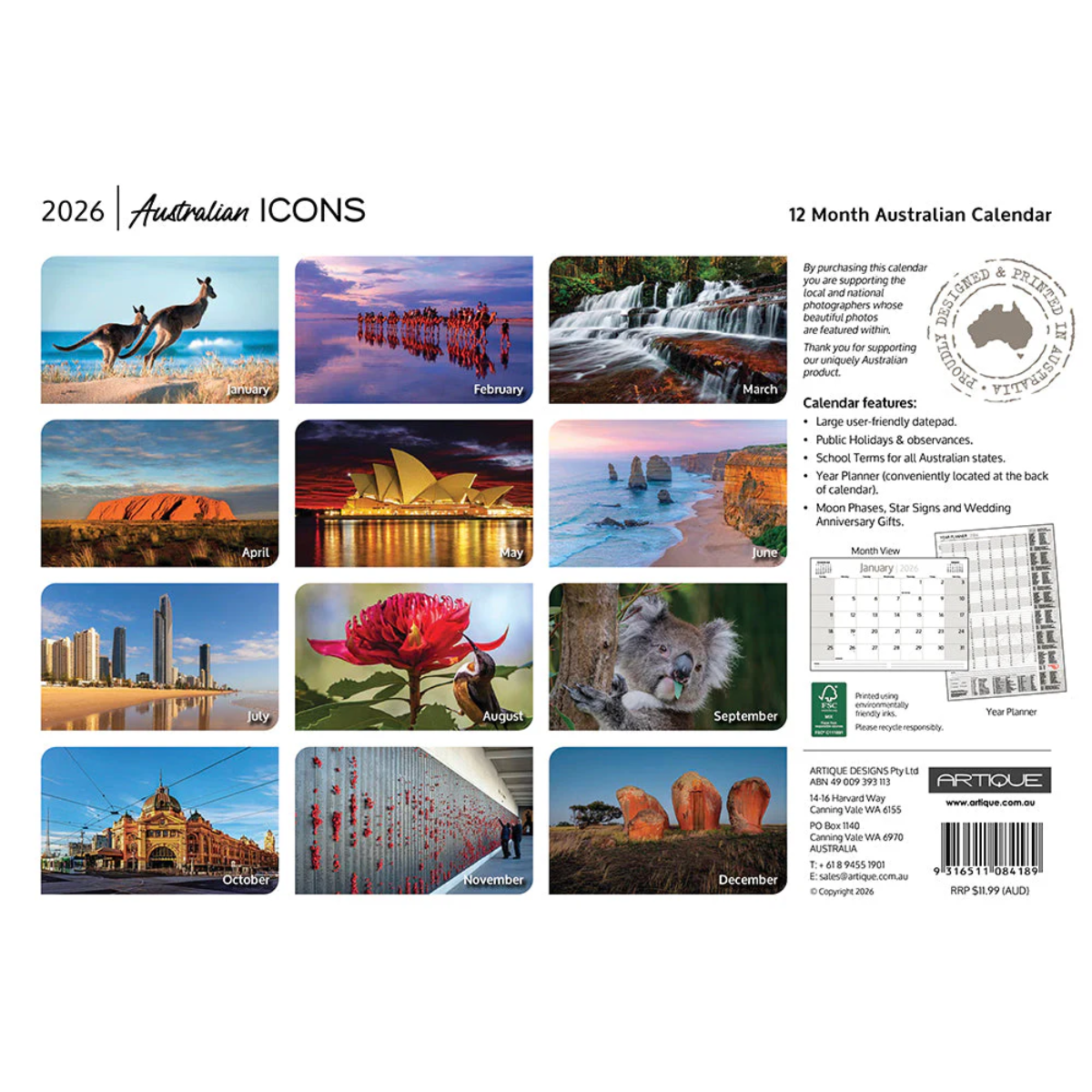 2026 calendar australian icons koala kangaroo uluru opera house flinders station
