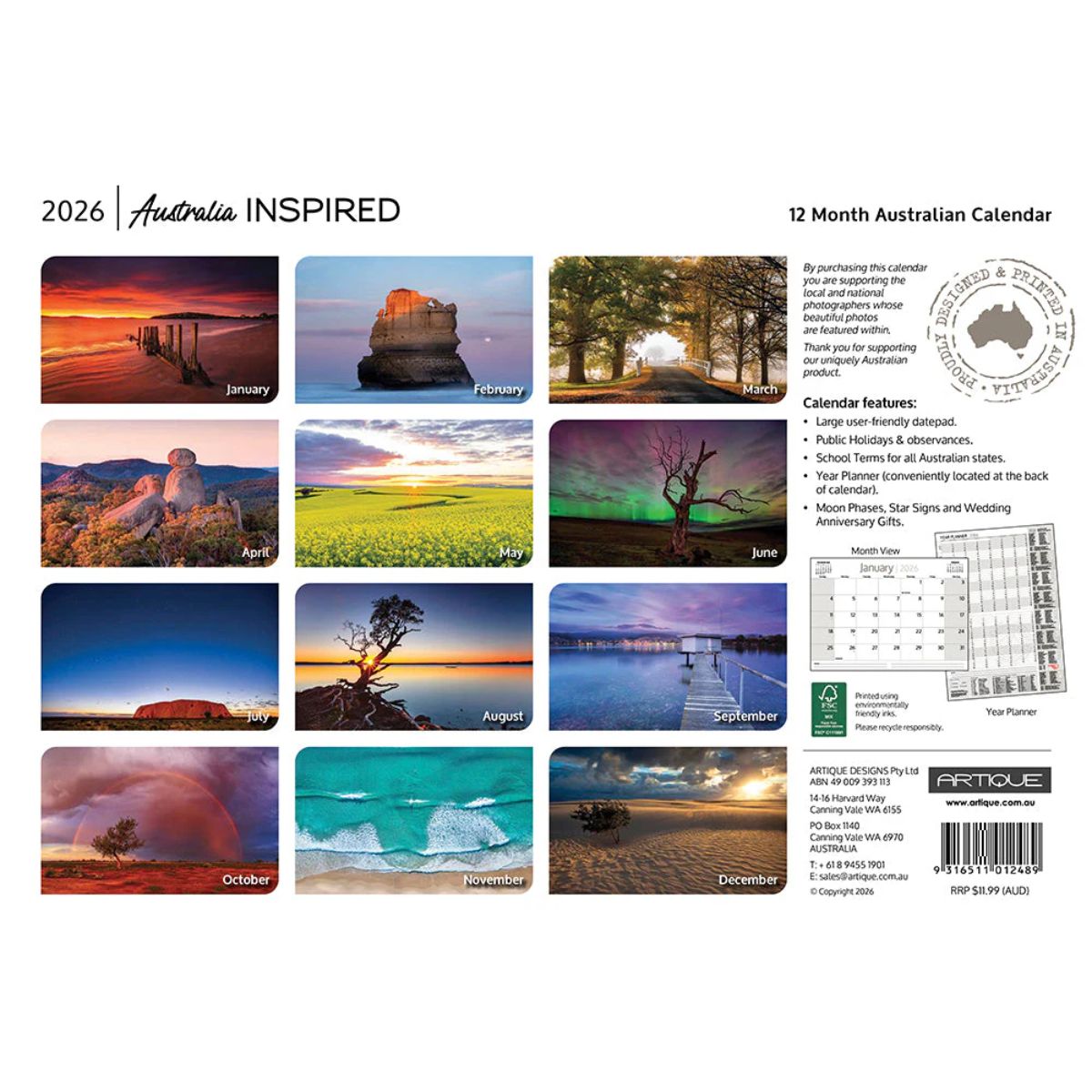 2026 Australia Inspired calendar with scenic images of Australia on a white background.