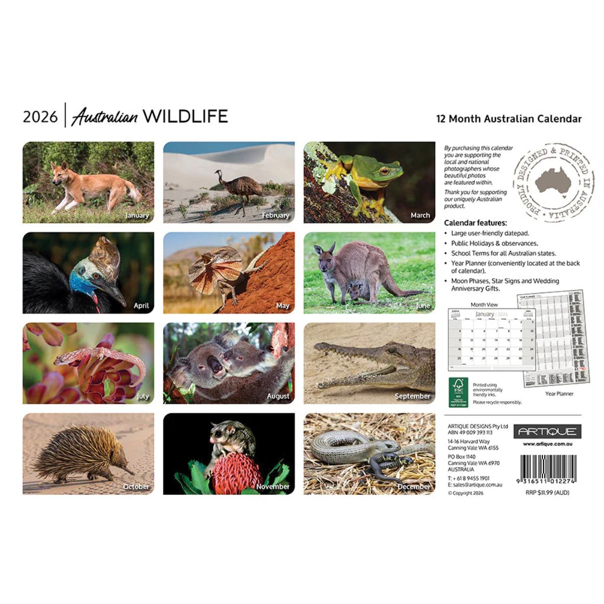 Calendar cover featuring an echidna with 'Australian Wildlife' text on a beige background