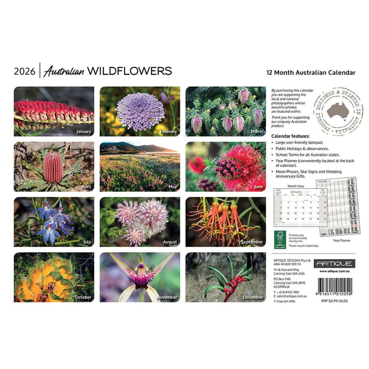 2026 Australian Wildflowers calendar with images of various flowers and a white background.