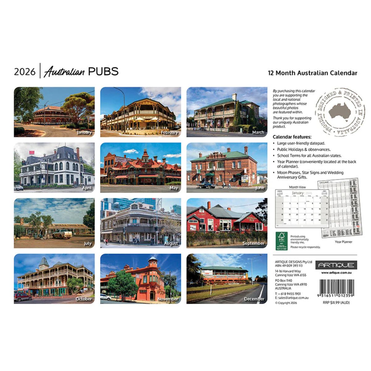 2026 Australian Pubs calendar with images of various pubs in the country outback