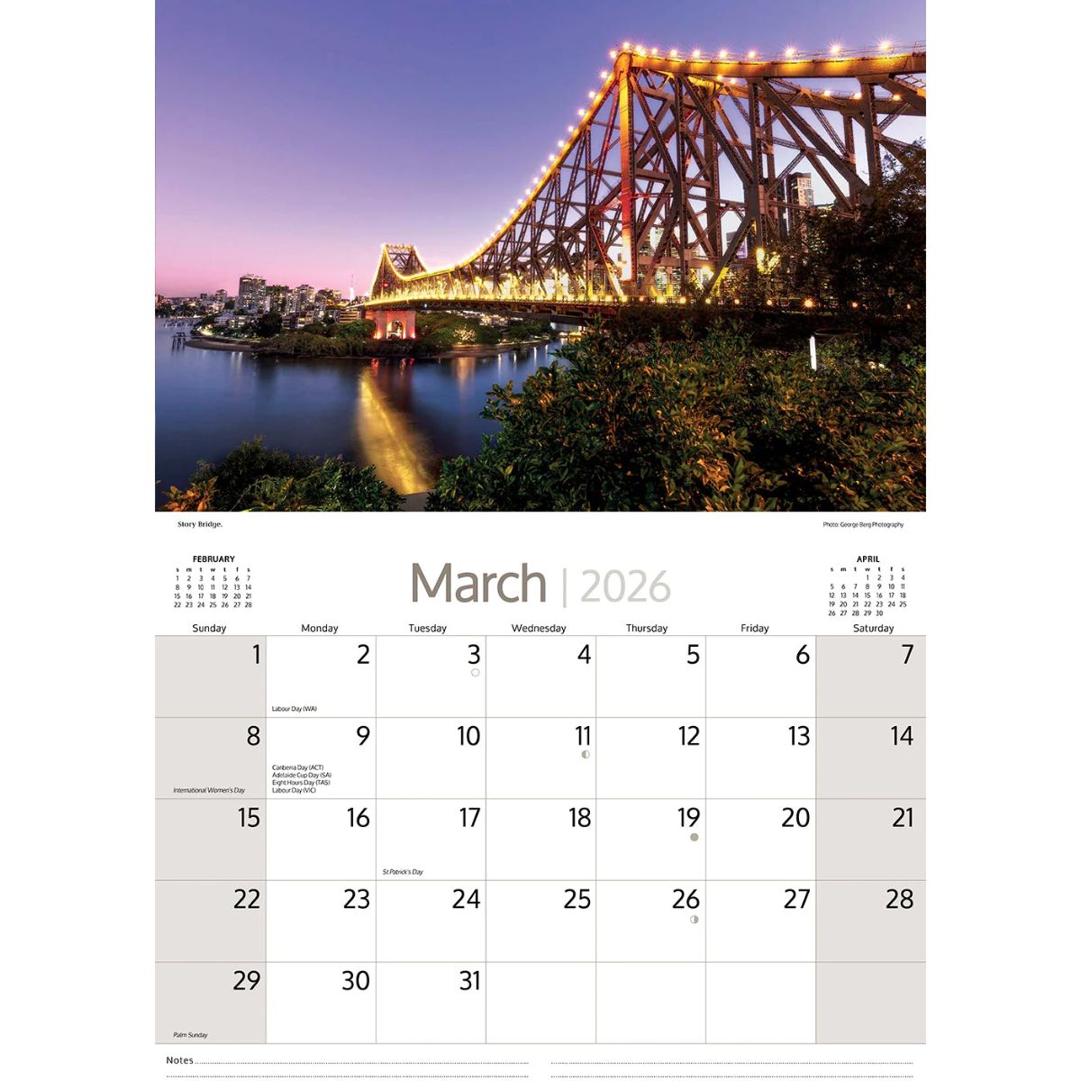2026_Calendar_Brisbane_Australia story bridge 