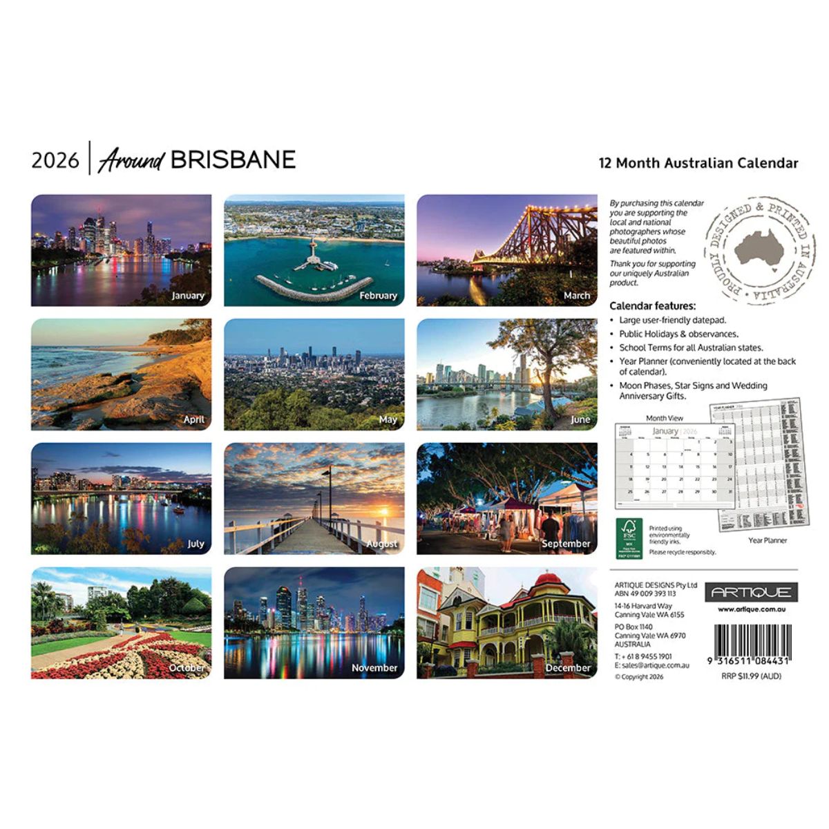 2026 Around Brisbane calendar with scenic images of Brisbane.