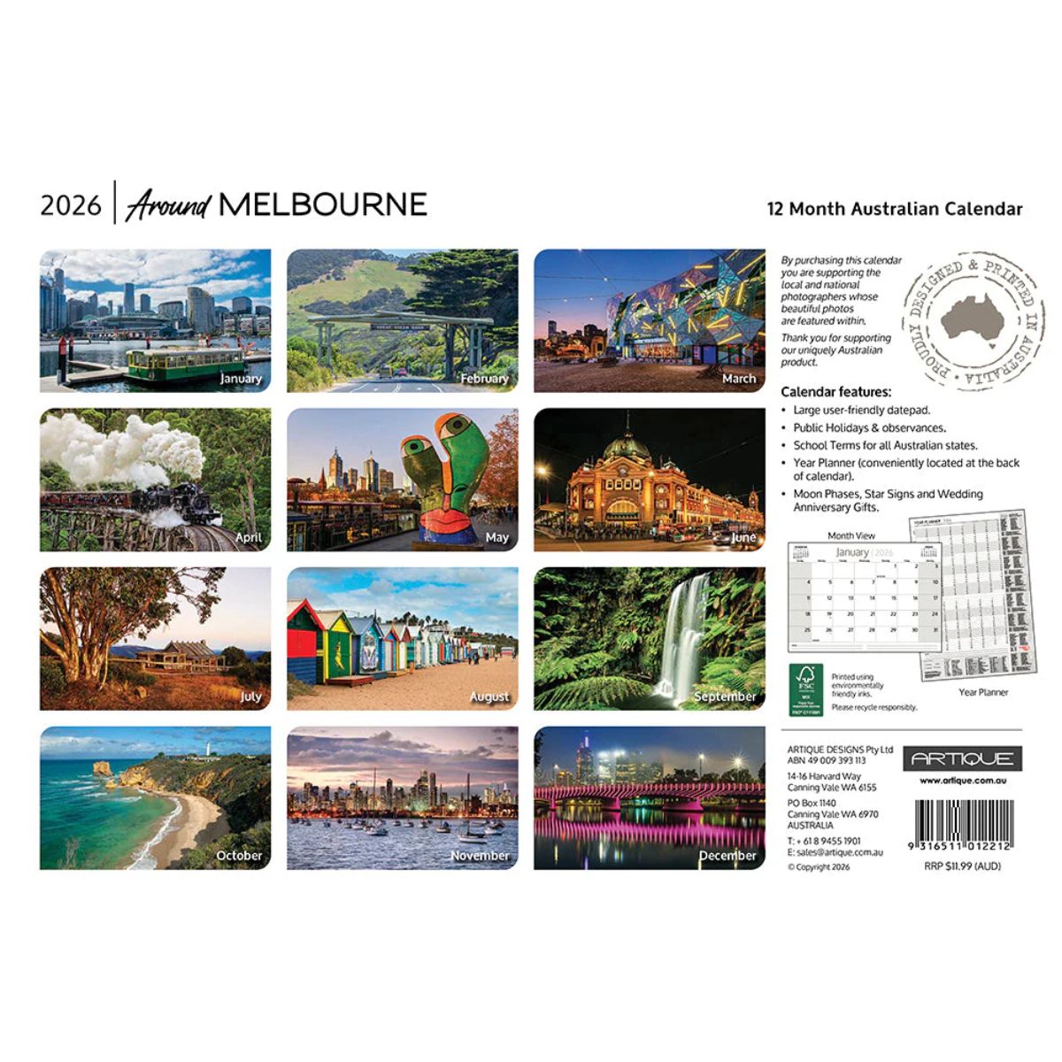 2026 Around Melbourne calendar with scenic images of Melbourne, Australia.