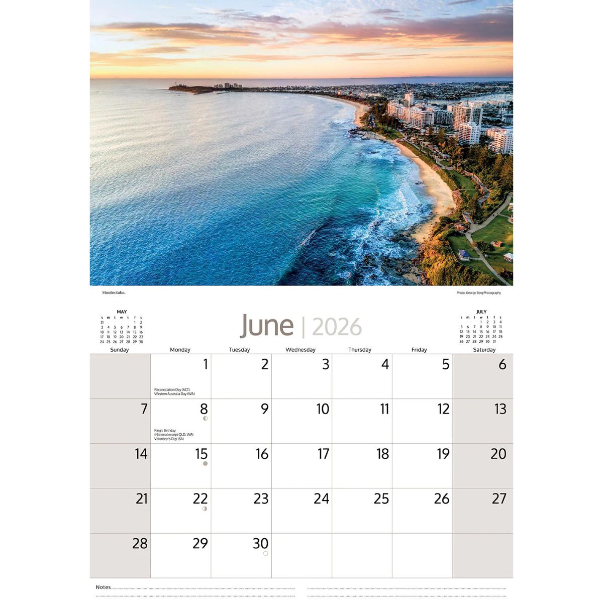 2026 Calendar Sunshine Coast Australia