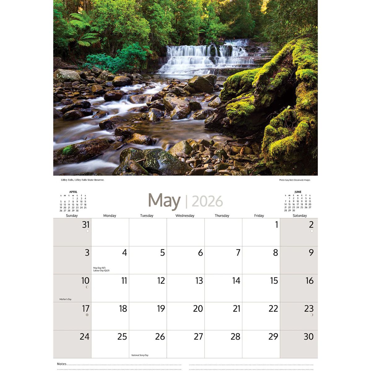 Calendar 2026 Tasmania page for May 2026 with a scenic waterfall and forest background