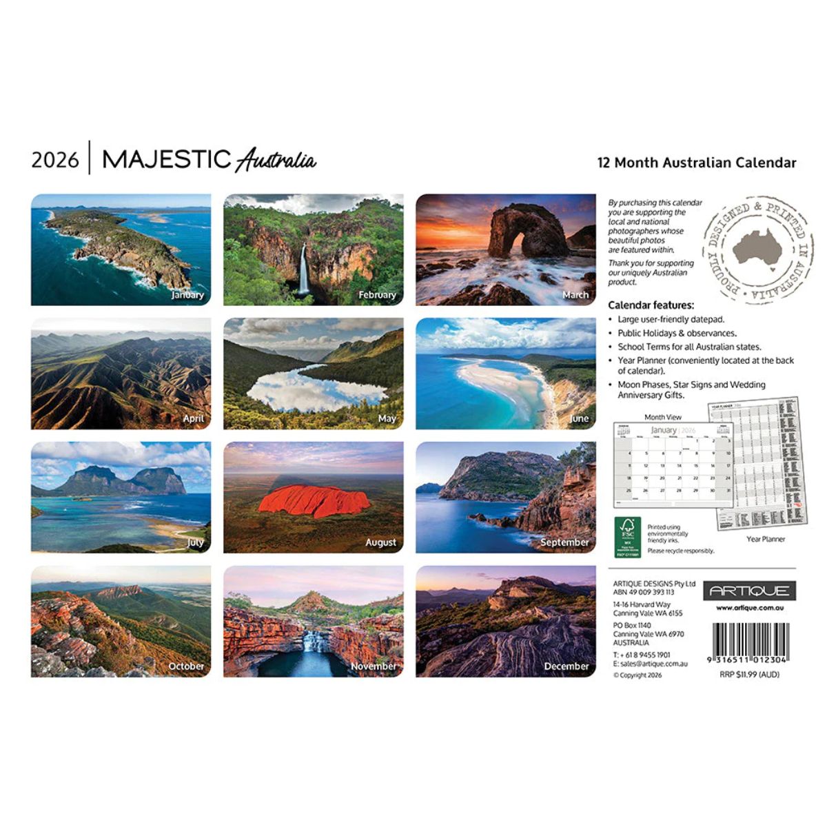 2026 Majestic Australia calendar with scenic images of Australian landscapes.