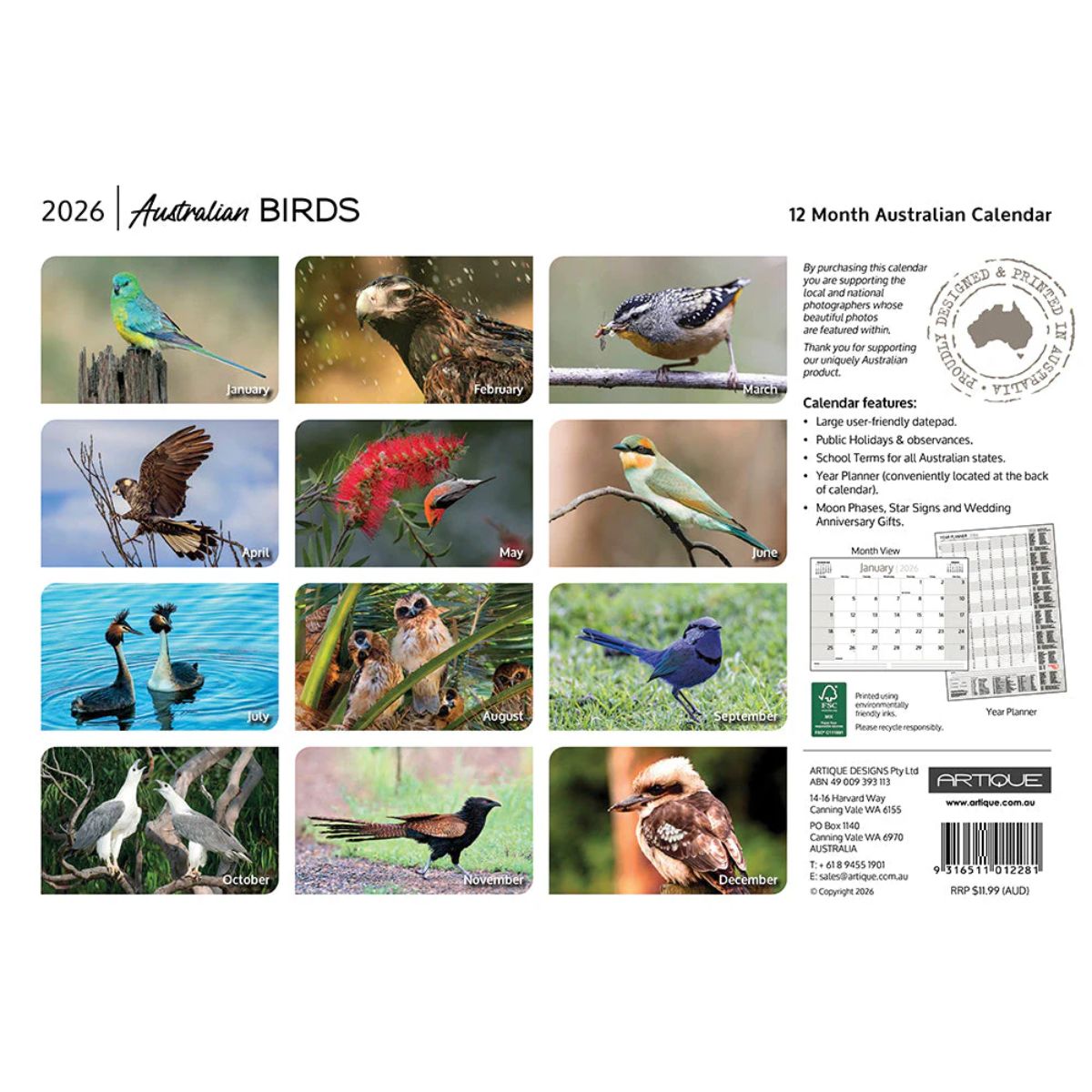 2026 Australian Birds calendar with images of various birds on a white background