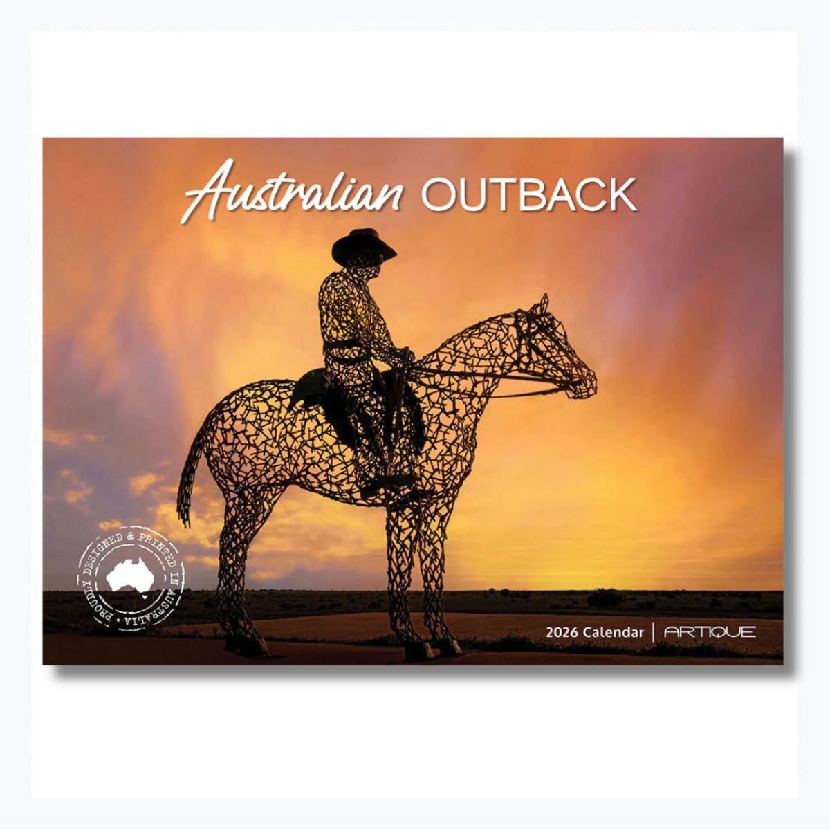 Calendar cover featuring a silhouette of a person on a horse with 'Australian Outback' text and Artique branding.