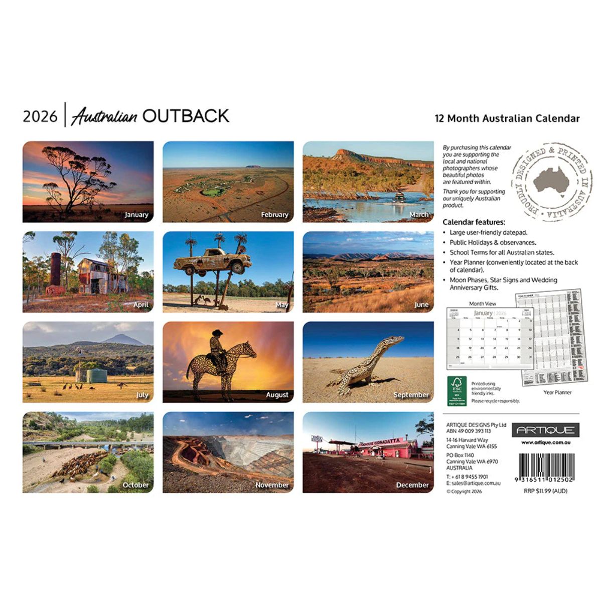 Calendar cover featuring a silhouette of a person on a horse with 'Australian Outback' text and Artique branding.
