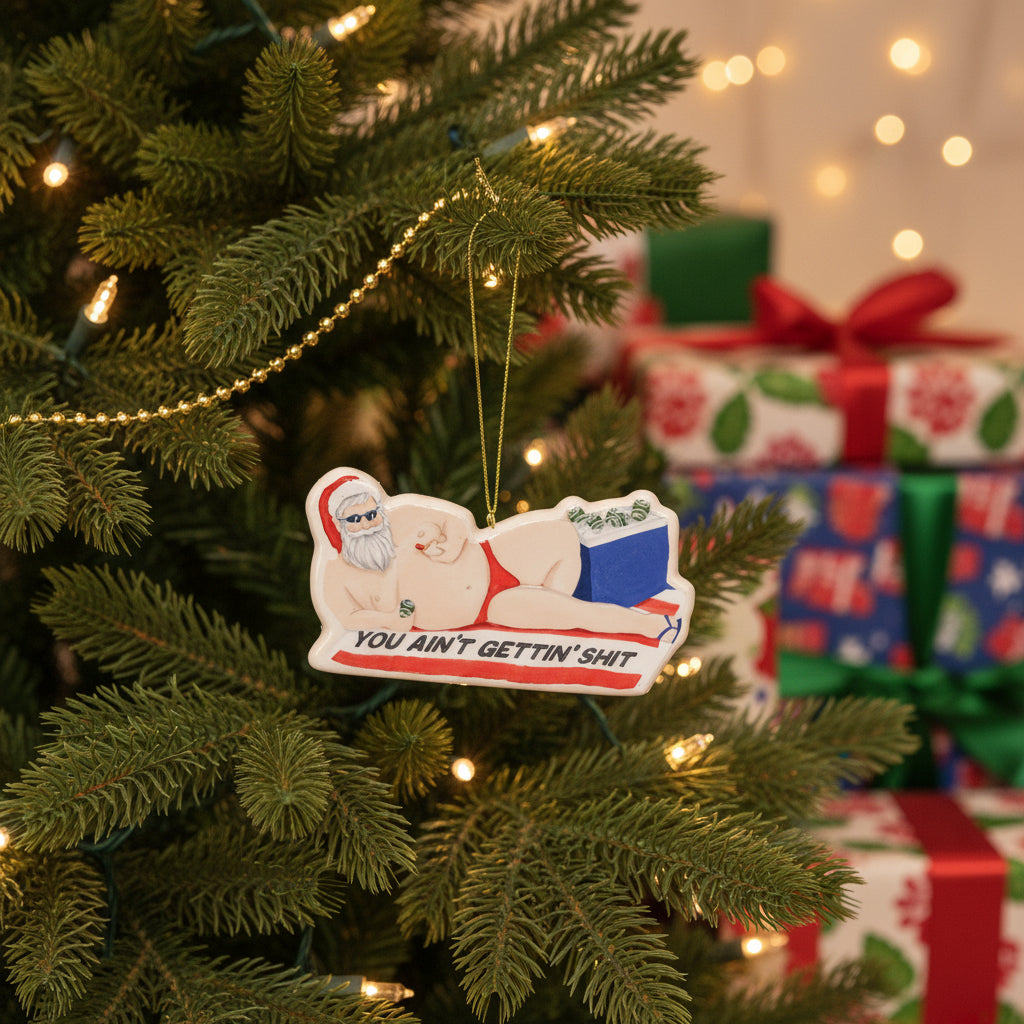 3D-Santa-decoration-hanging-on-tree- saying-you-aint-getting-shit