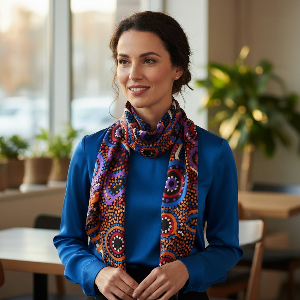 Aboriginal-Silk-Scarf-on-Woman-with-blue-top