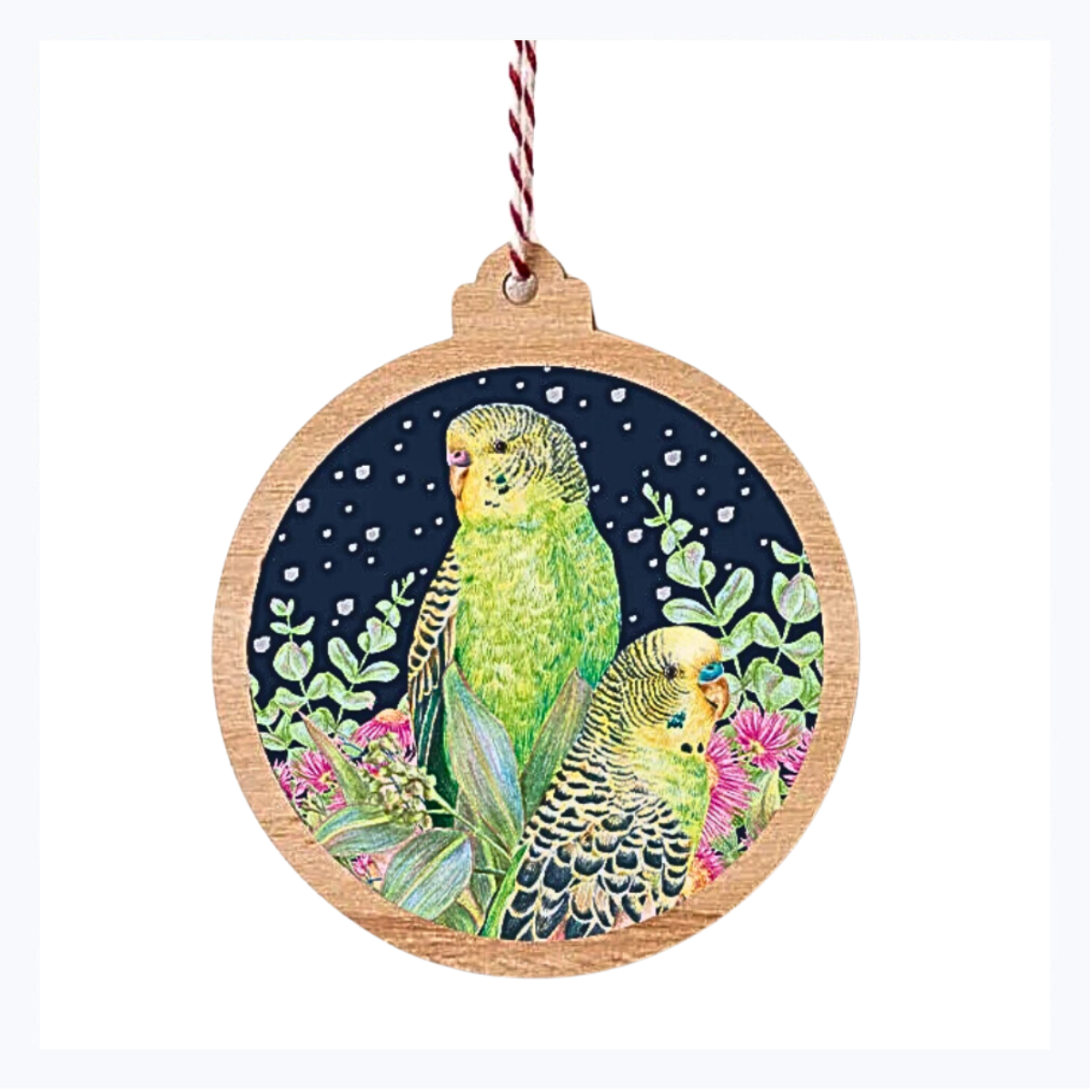 Wooden Ornament Budgerigars