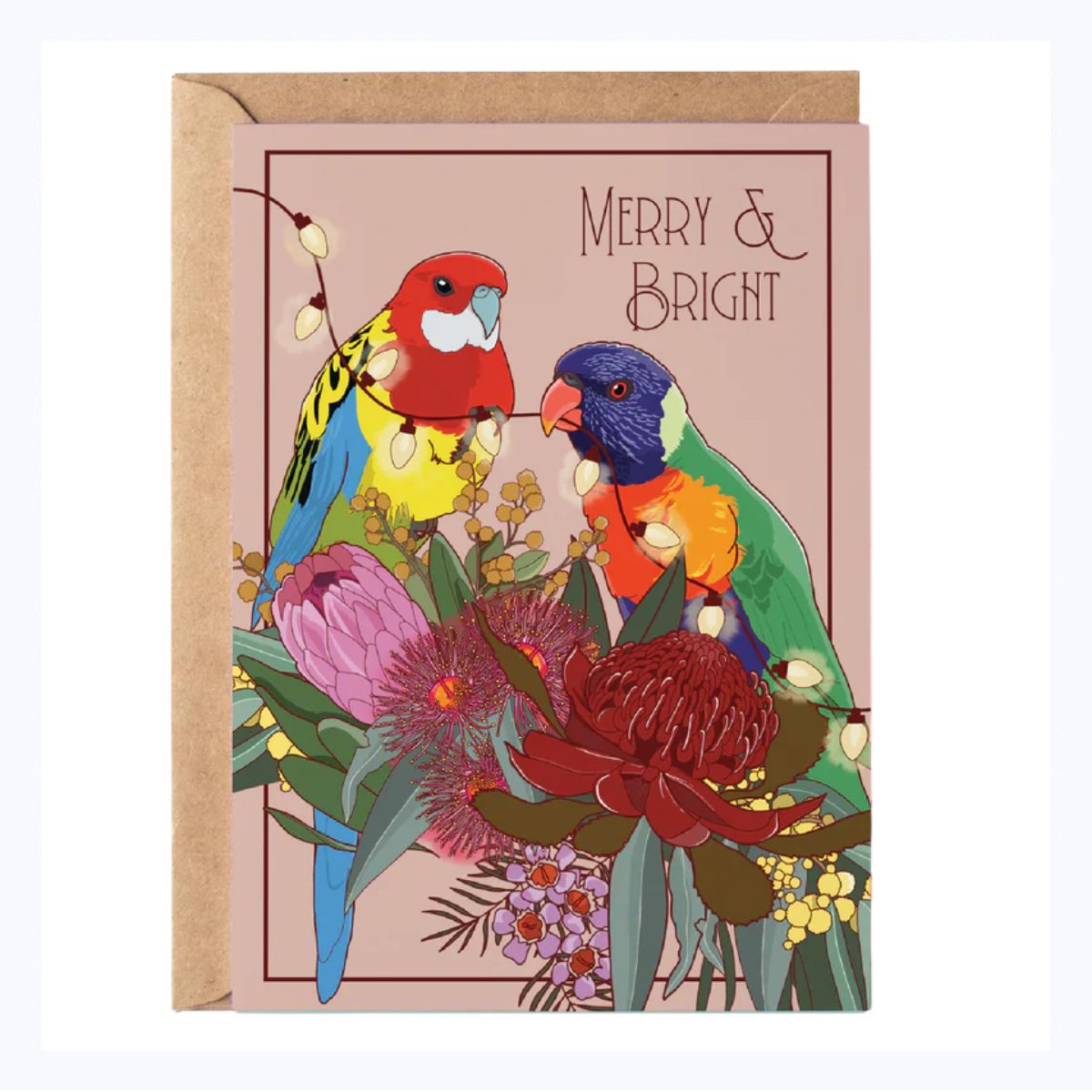 Greeting card with colorful parrots lorikeet and rosella and native Australian flowers on pink background 