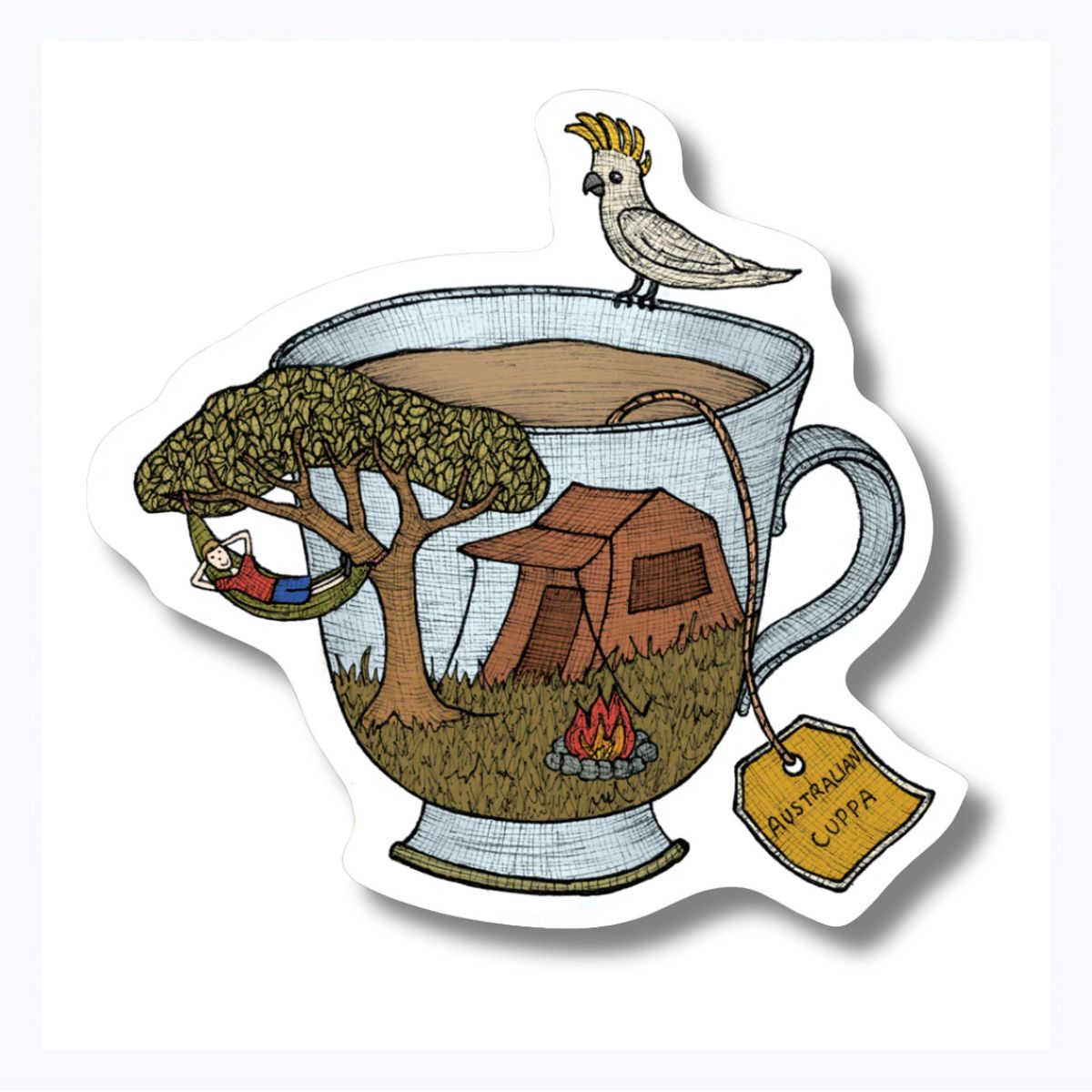 Fridge Magnet of a teacup with a campsite scene inside, featuring a cockatoo bird on the rim.