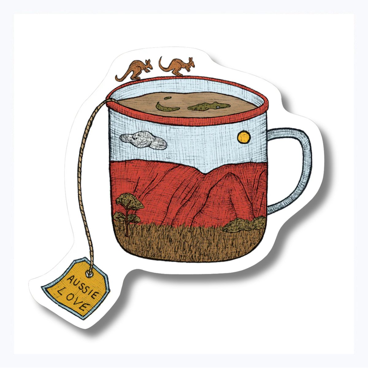 Magnet featuring a teacup with a landscape design and a tea bag labeled 'Aussie Love' on a white background.