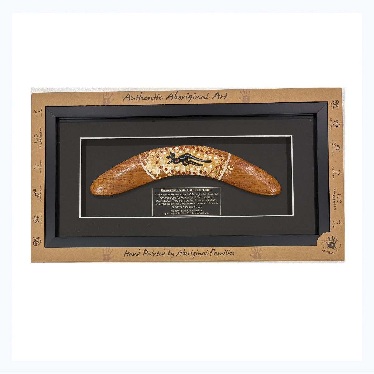 Boomerang - Hand Painted Framed - Kangaroo (Yellow Ochre)