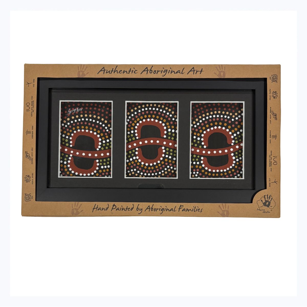 Aboriginal-dot-art-black-framed-Murra-Wolka