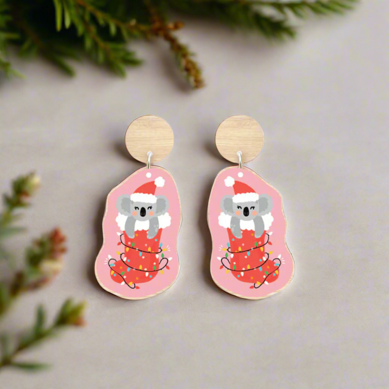 Christmas-themed-Koala-earrings-wooden