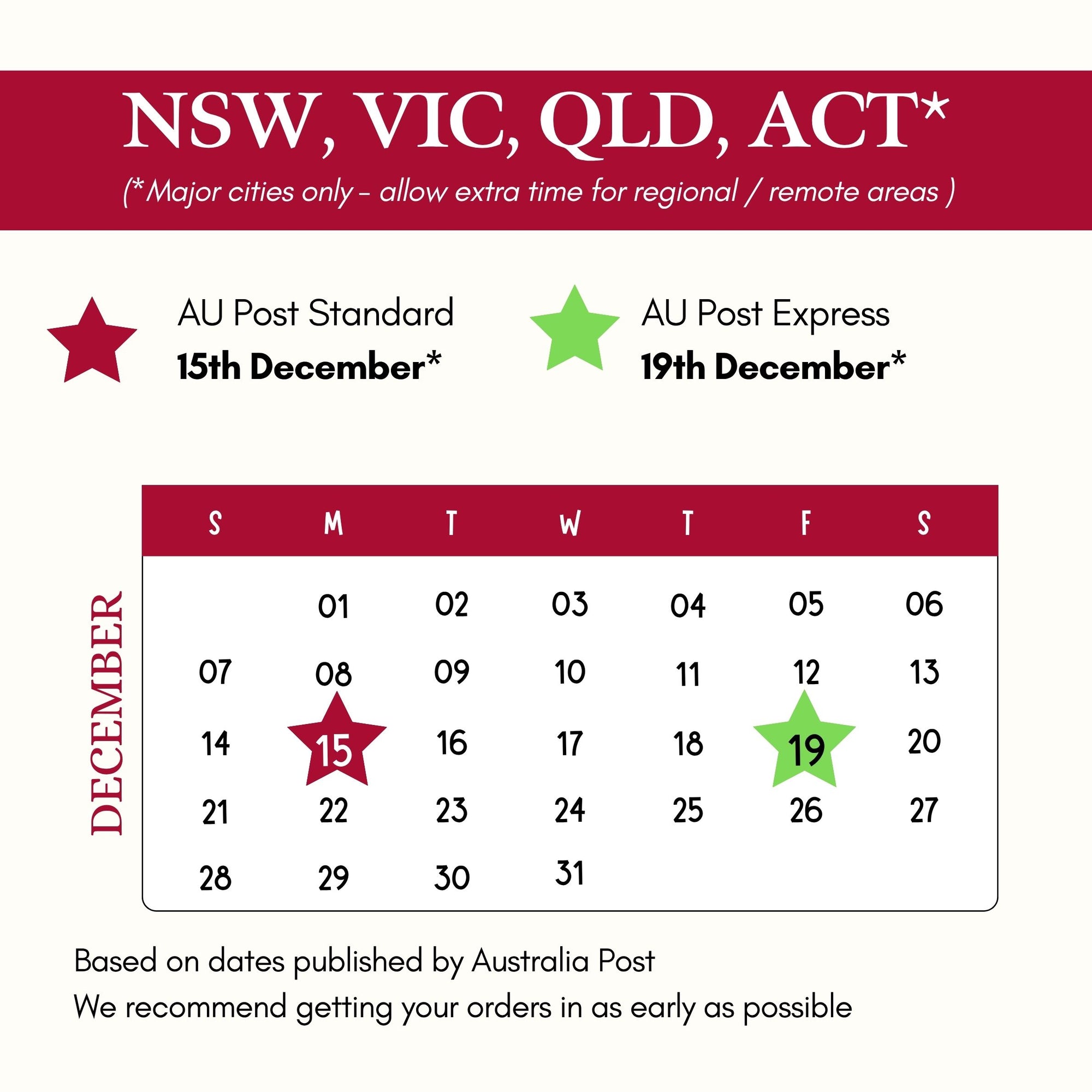 Australian christmas gift postage cut off dates NSW VIC QLD ACT