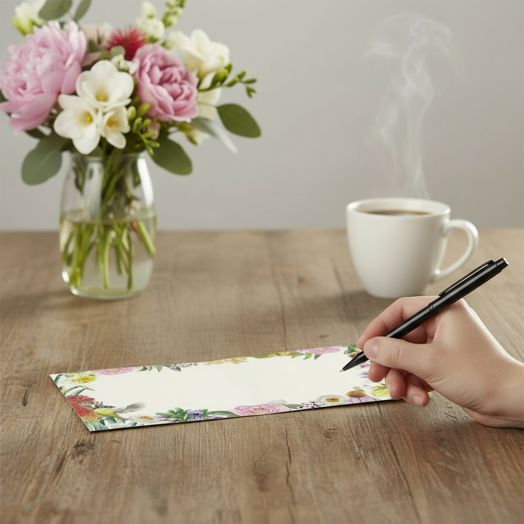 Royal-Botanic_Gardens-Victoria-Floral-greeting-card-with-cup-of-coffee-and-vase-of-flowers