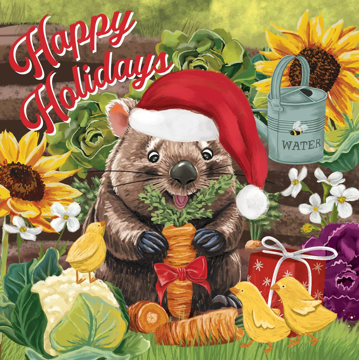 Womat-in-a-santa-hat-sitting-in-garden