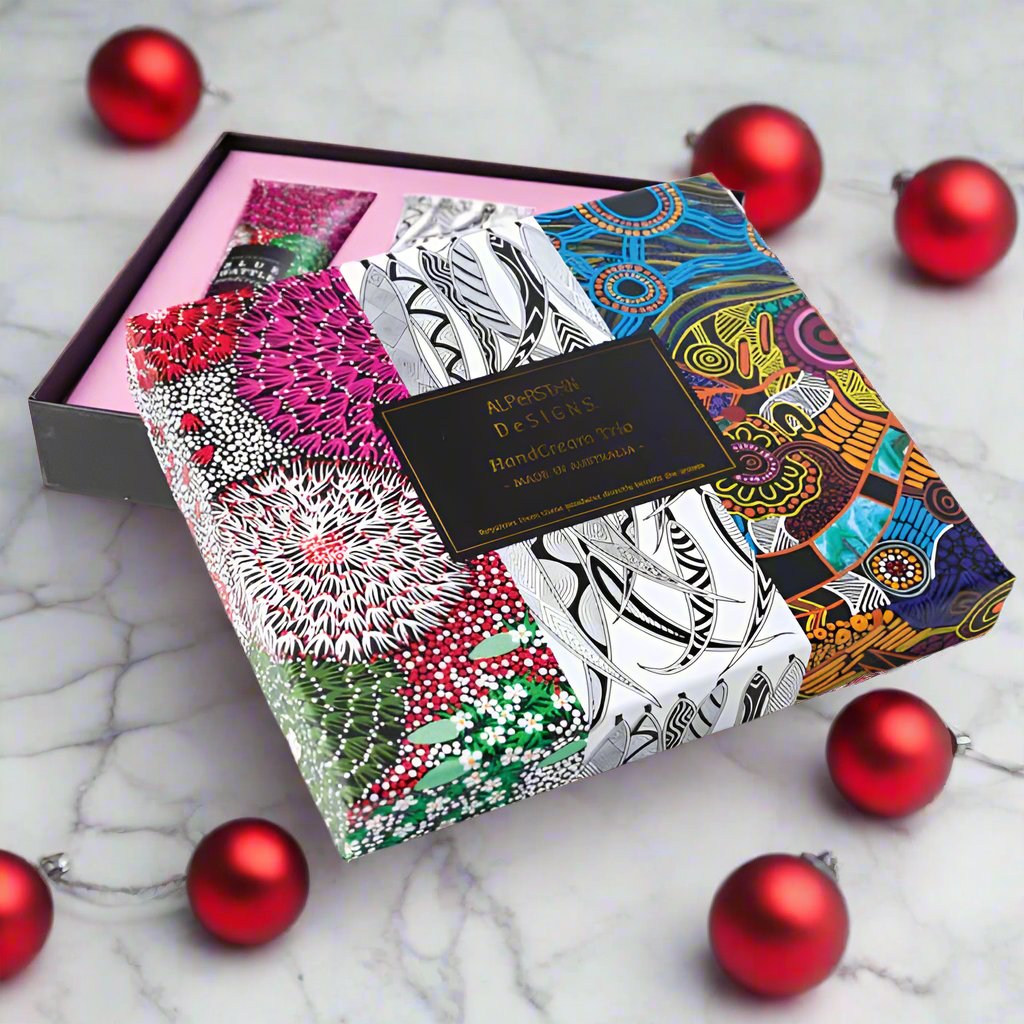 Aboriginal Art Hand Cream Trio gift set BLUE WATTLE, EUCALYPTUS, GIN