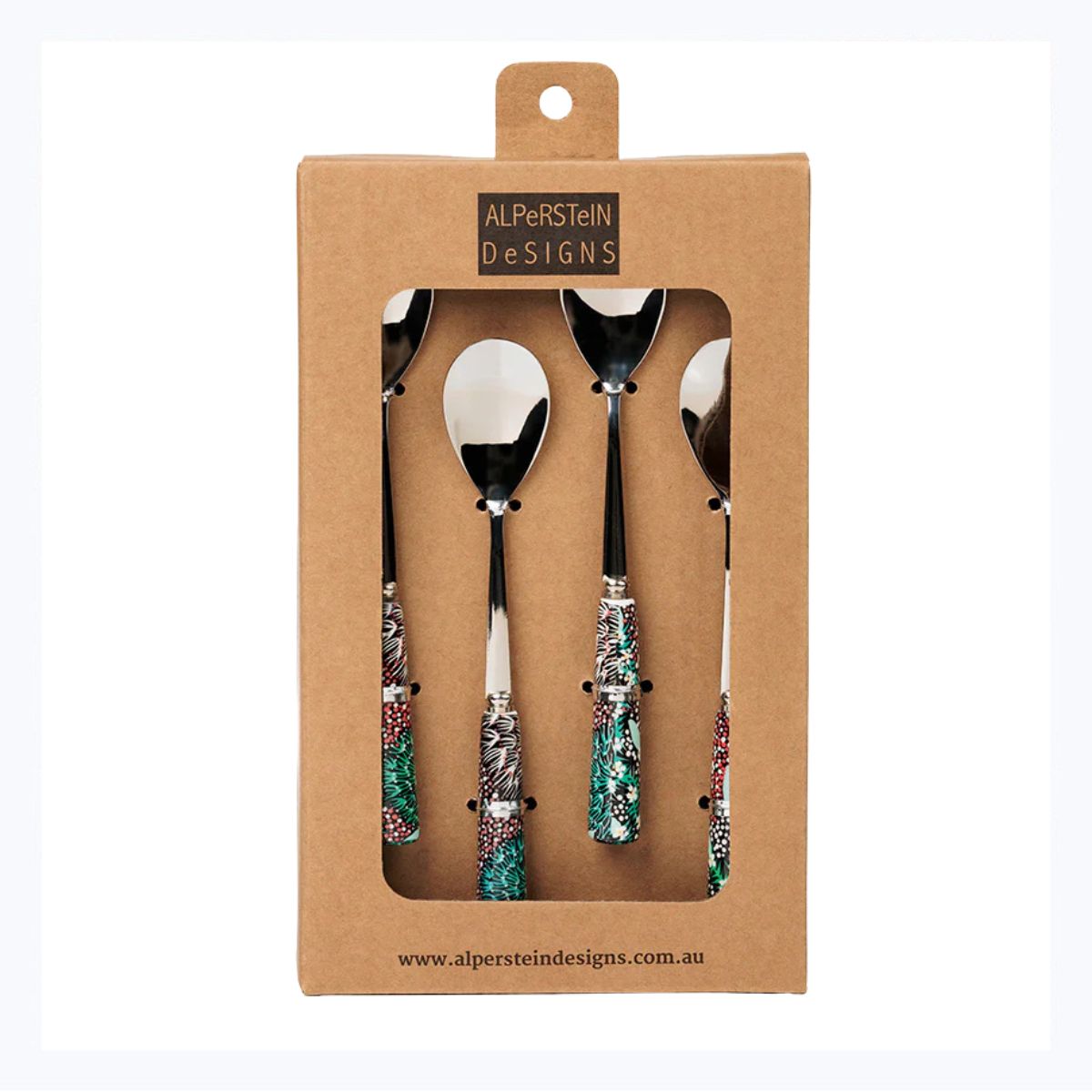 Set of four aboriginal decorated teaspoons with artwork by coral hayes pananka