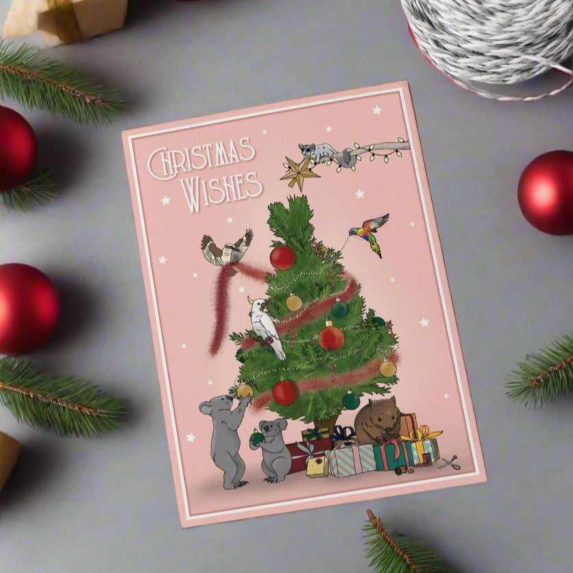 australian xmas card decorating the tree native animals
