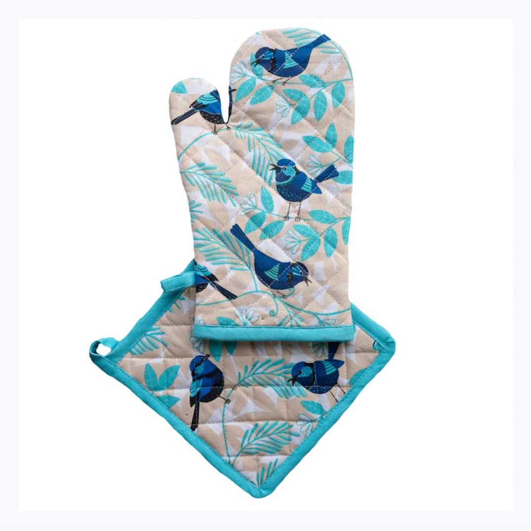 blue wren oven mitt pot holder set