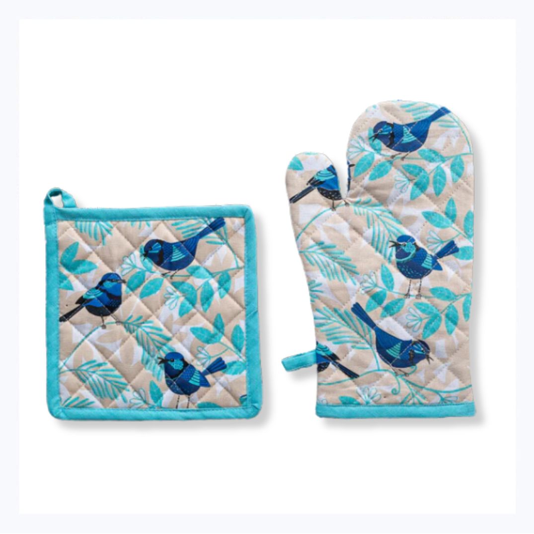 blue wren oven mitt pot holder set