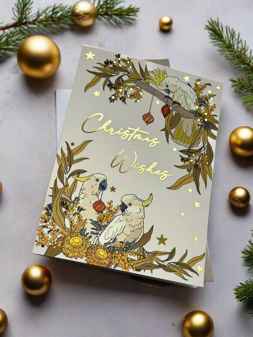 Greeting card with Christmas wishes and parrot illustration on a white background
