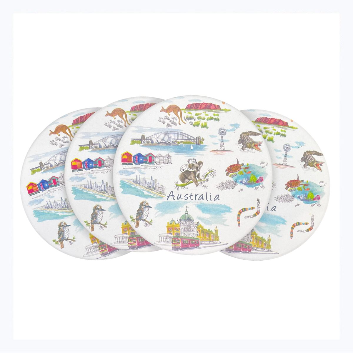 Set of four coasters with Australia-themed illustrations on a white background