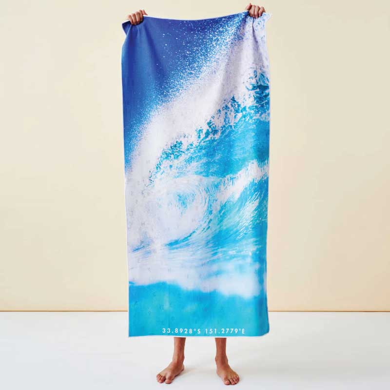 destination label beach towel blue rush