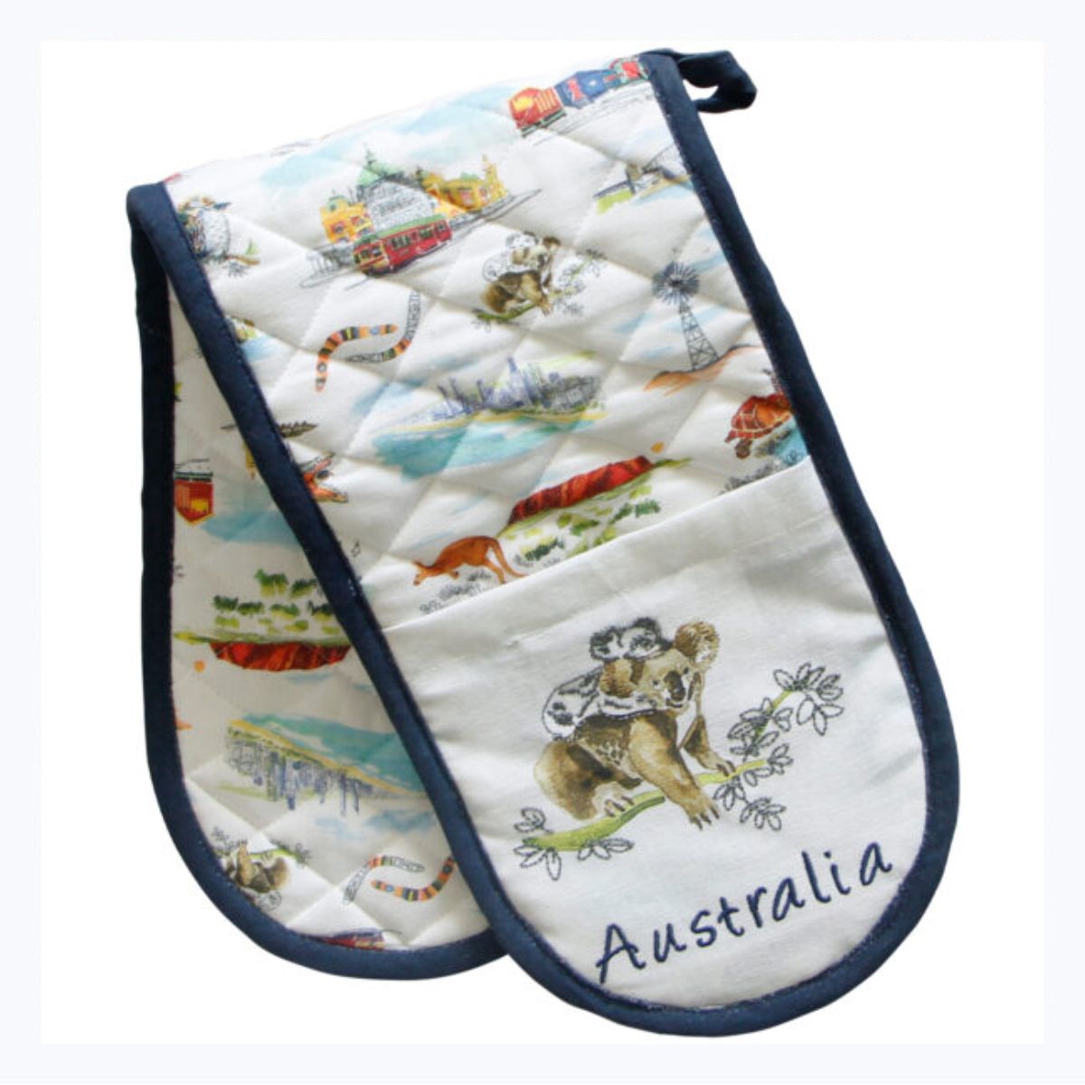 Pair of oven mitts with Australian-themed design featuring a koala and landscapes.
