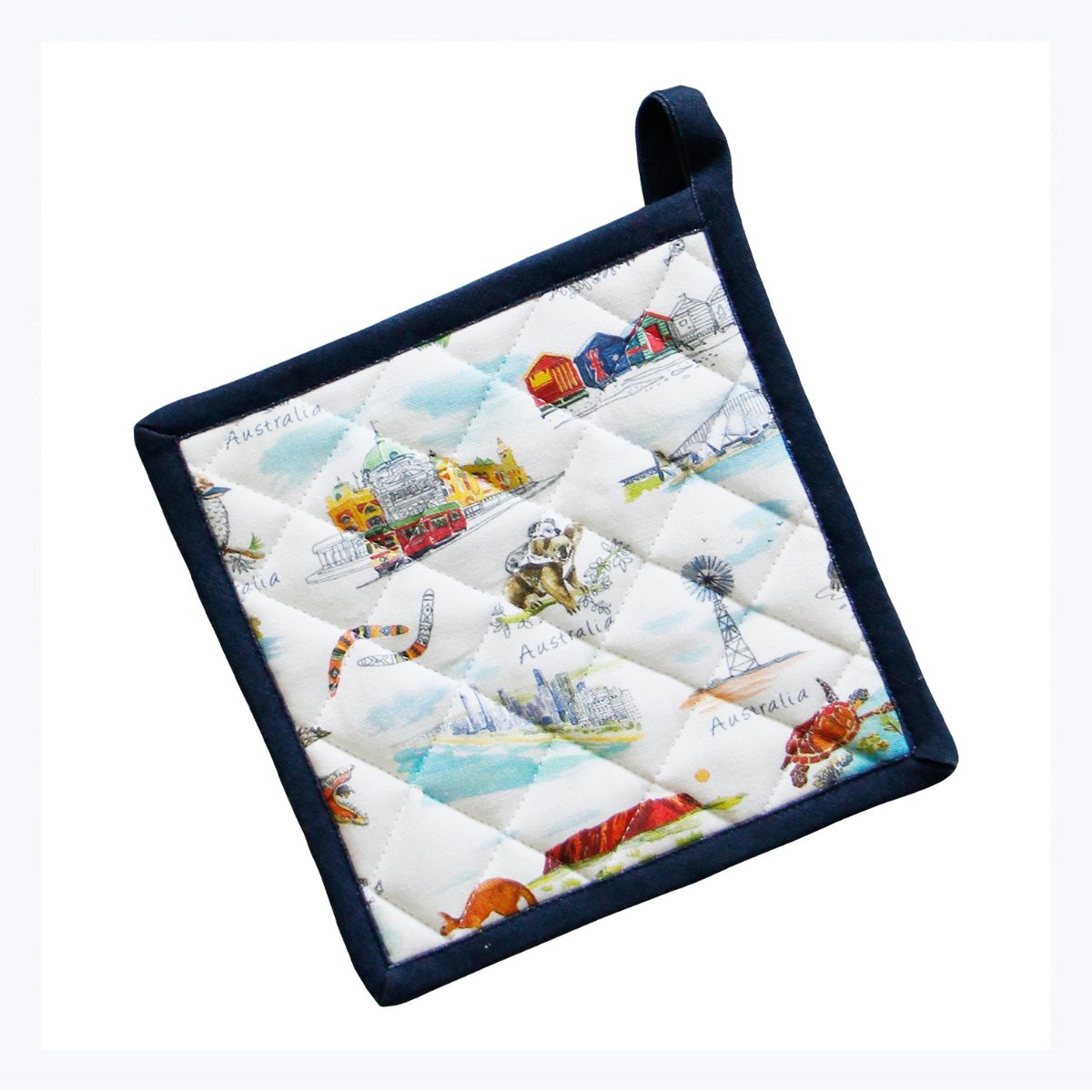 Quilted pot holder with colorful designs on a white background