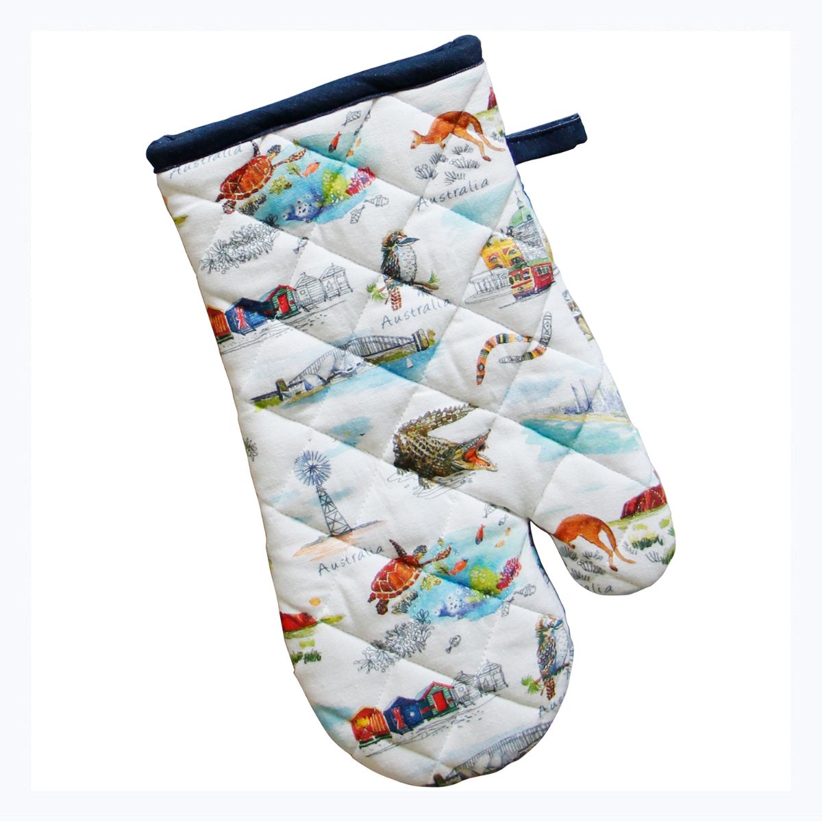 Quilted oven mitt with colorful animal design on a white background