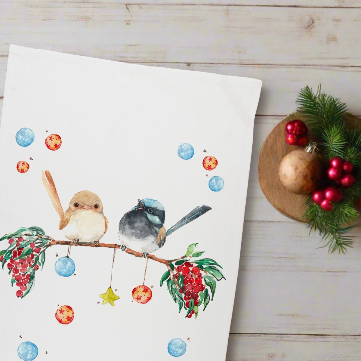 tea towel christmas wrens australian gift